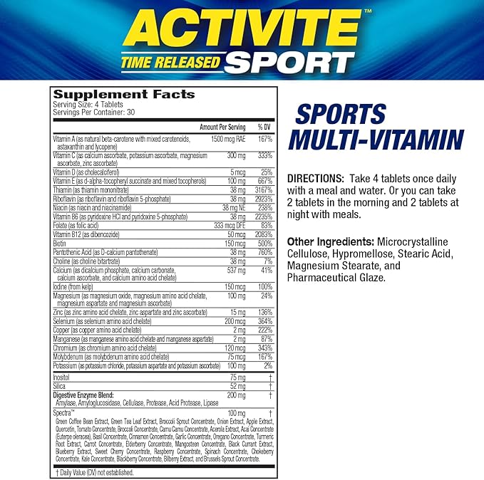MHP Activite Sport Multi Vitamin 25 Vitamins and Minerals Nitric Oxide Booster Digestive Enzymes Antioxidants 120 Tablets