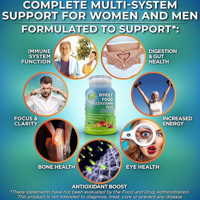 Vegan Whole Food Daily Multivitamin Without Iron Methylated Multivitamin for Women and Men Made with Fruits &amp Vegetables B-Complex Probiotics Enzymes CoQ10 Omegas Turmeric Non-GMO 90 Cou