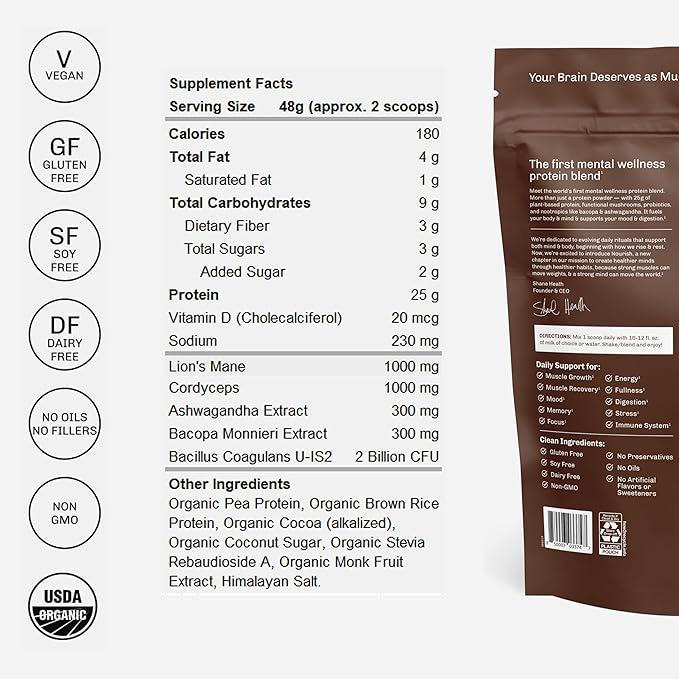 MUDWTR Nourish | Chocolate Mushroom Protein Powder | 2000mg Adaptogenic Mushrooms | Vegan Protein Powder | USDA Organic | Focus Mood &amp Digestion Support | Cacao Lion's Mane Bacopa | 15 Serving