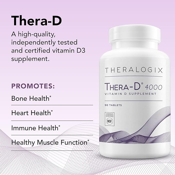 Theralogix Thera-D 4000 Vitamin D Supplement - 4000 IU (100 mcg) Vitamin D3 Tablets - 90-Day Supply - Immune Support Supplement for Women &amp Men - Aids Bone &amp Heart Health - NSF Certified - 90