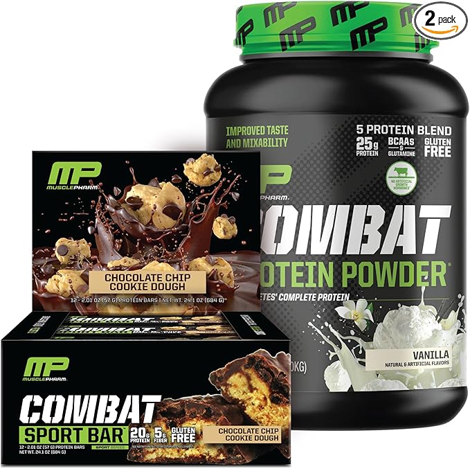 Muscle Pharm Combat Protein 2lb Vanilla and Combat Chocolate Chip Cookie Dough Sport Bars