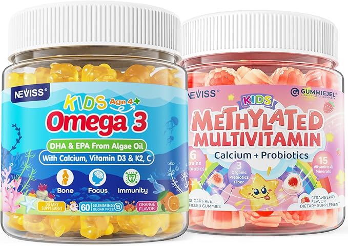 Kids Methylated Multivitamin Gummies with Calcium Probiotics + Omega 3 Gummies with Vitamin D3 &amp K2 C DHA