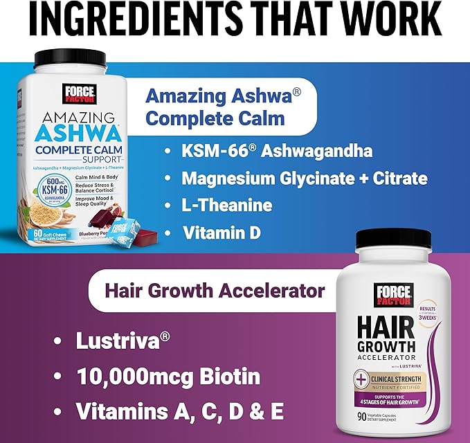 Force Factor Hair Growth Accelerator Capsules 90 Capsules + Amazing Ashwa Complete Calm Support with KSM-66 Ashwagandha Blueberry Pomegranate 60 Soft Chews