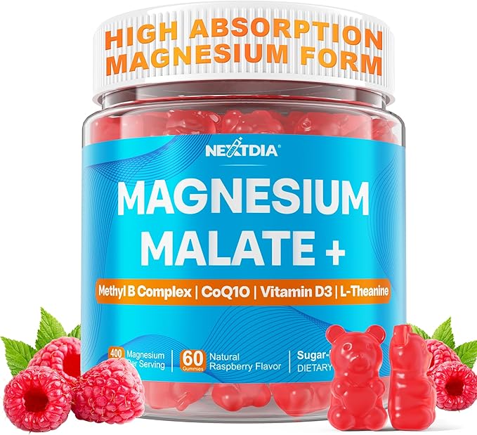 Magnesium Malate Energy Gummies Plus L-Theanine CoQ10 Methyl B12 Methylfolate B6 &amp D3-400mg Magnesium Gummy Sugar Free for Women Men Supports Muscle Function Calm &amp Relax Vegan 60 Cts