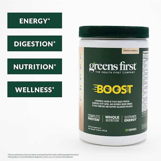 Greens First Boost - Plant-Based Protein &amp Balanced Nutrition - Superfood Shake Mix - No Wheat or Soy - Dairy-Free - Vegan - French Vanilla 12.06 oz. (Pack of 2)