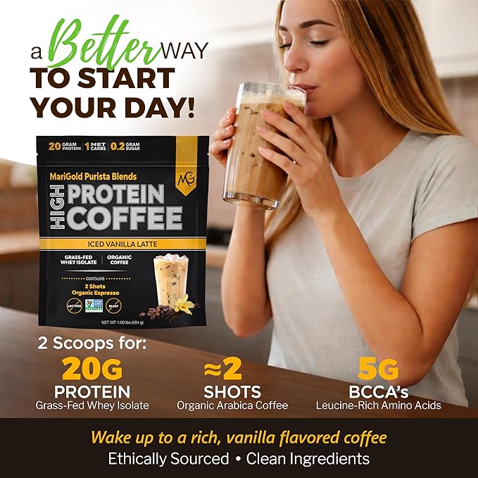 MariGold High Protein Coffee - Iced Vanilla Latte 20g Grass-Fed Whey Protein Isolate Energy &amp Workout Boost 2 Shots Organic Espresso Non-GMO 1 Net Carb 1 Lb Bag 15 Servings