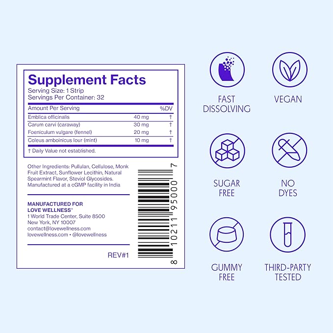 Love Wellness Bloat* Quick Melt Strips - Fast-Dissolving Digestive Support with Mint Fennel and Caraway - Helps Ease Occasional Bloating* - No Water Needed - Vegan and Sugar Free - 32 Strips