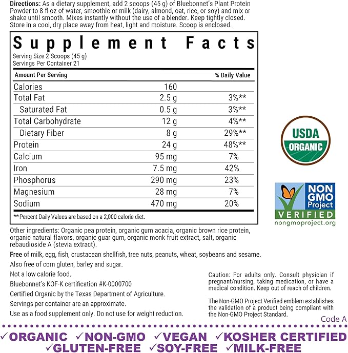 BlueBonnet Nutrition Organic Plant Protein Powder 24g Plant Based Protein Zero Sugar 8g Fiber USDA Organic Non-GMO Kosher Gluten-Free Soy-Free Vegan Vanilla Flavor 21 Servings 2.08 lbs