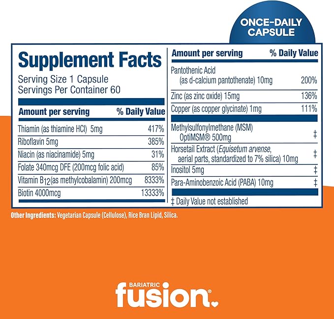 Bariatric Fusion ONE Per Day Bariatric Hair Skin and Nails Vitamins REJUVENATOR for Women | Vegan Hair Growth Vitamins with Biotin Vitamin B12 and B1 | Easy to Swallow | 60 Capsules