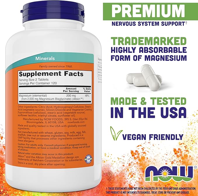 Now Foods Magnesium Glycinate 240 Tablets - Supports Healthy Muscle and Nerve Functions - Non-GMO