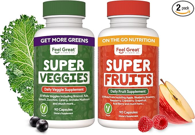 Feel Great Fruit and Vegetable Supplements | 20+ Super Reds &amp Greens for Natural Energy Support | Vegan Fruit and Veggie Vitamins | 2 Pack of 90 Count Each