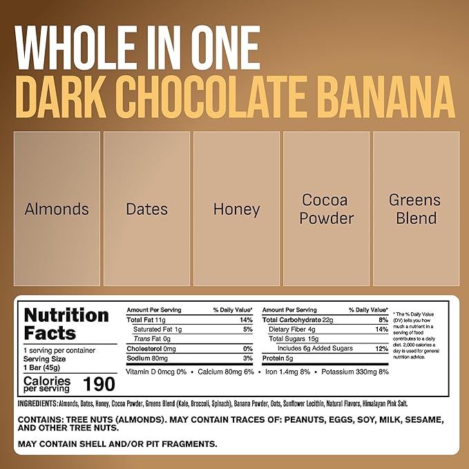BrickHouse Nutrition Whole In One Bars: Healthy Snacks for Adults | Non-GMO Gluten Free Snack Bars | Real Fruits &amp Vegetables - Dark Chocolate Banana (12 Bars)