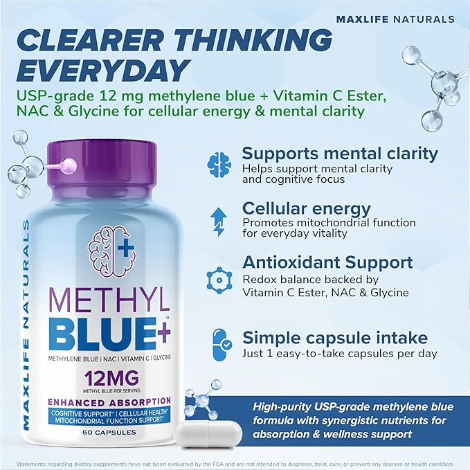 Pure Methylene Blue Capsules Ultimate Methylene Blue Supplement 12mg - 60 Capsules Pharmaceutical Grade with Vitamin C Ester &amp NAC Glycine Supports Cellular &amp Mitochondrial Function Made