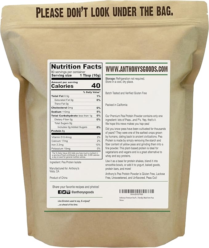 Anthony's Premium Pea Protein 2 lb Plant Based Gluten Free Unflavored Vegan Keto Friendly Made from Peas