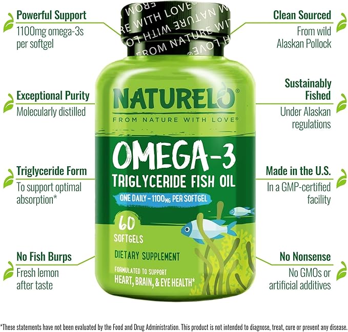 NATURELO Burpless Omega 3 Fish Oil Supplement - 1100mg Triglyceride Omega-3 EPA + DHA Liquid Fish Oil for Heart Eye Brain Joint Health - 60 Softgels 2 Months Supply