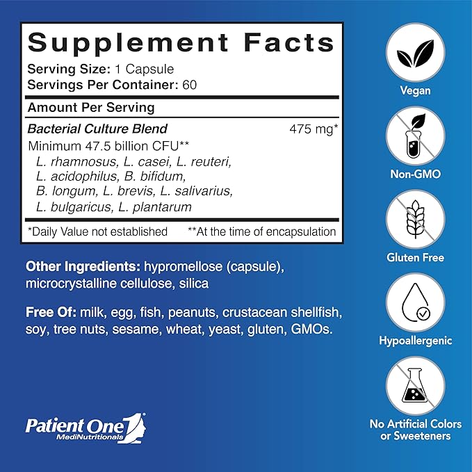Patient One Flora-Biotic Ultra | Probiotic Supplement to Support Balanced Intestinal Flora* | 47.5 Billion CFU Plus 10 Probiotic Strains | 60 Capsules