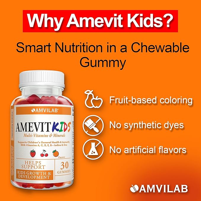 Amevit Kids Gummy Multivitamin - Complete Daily Vitamins for Children - with Essential Nutrients for Growth &amp Immunity - Natural Fruit Flavor - 30 Gummies