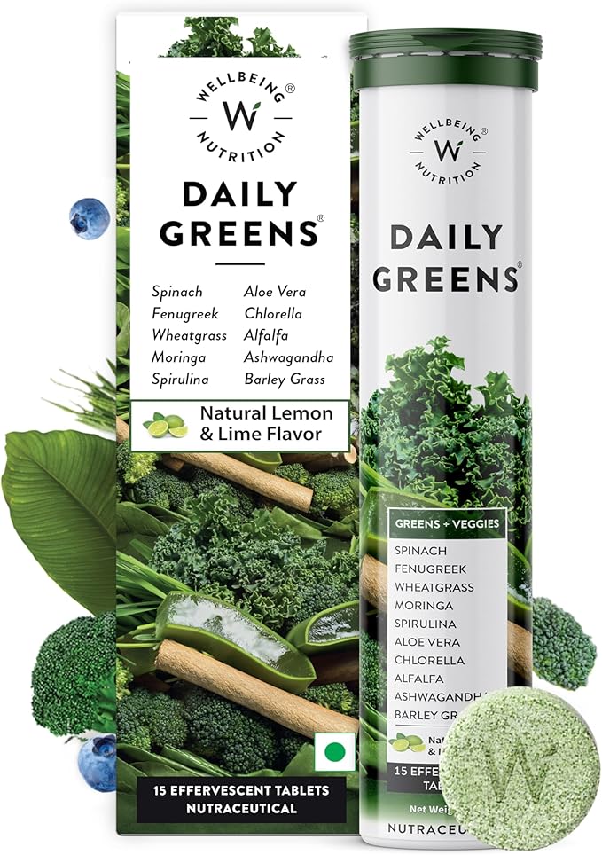 WELLBEING NUTRITION Daily Greens Wholefood Multivitamin with Vitamin C Zinc B6 B12 for Immunity and Detox with 39+ Organic Certified Plant Superfoods &amp Antioxidants(15Tabs x 2) (63 g (Pack of