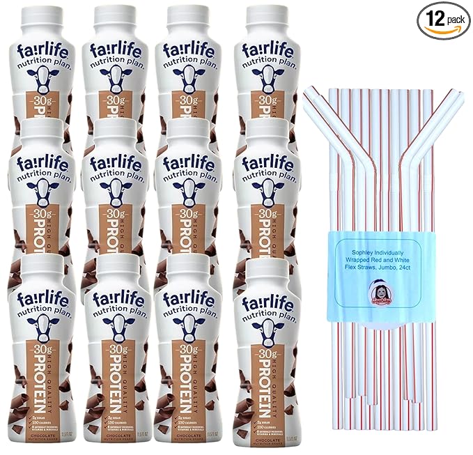 Fairlife Nutrition Plan High Protein Chocolate Shake 12 pk. &amp a Sophley Individually Wrapped Red and White Flex Straws Set