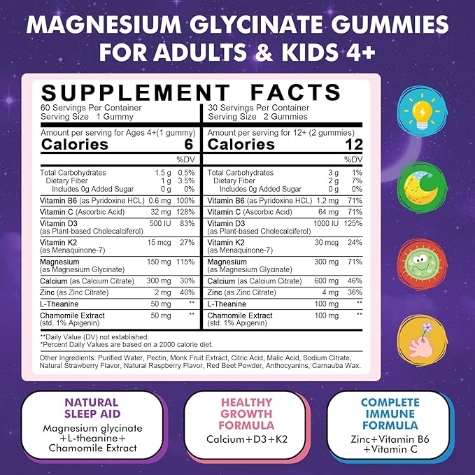 Magnesium Glycinate Gummies for Kids 4+ &amp Adults- Melatonin Free Sleep Aid Magnesium Glycinate 150/300 mg Supplements for Calm &amp Relaxation Support Sugar Free Strawberry Flavor 120 Ct