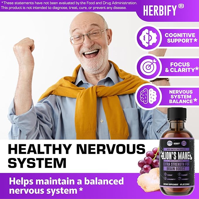HERBIFY Lions Mane Supplement - Daily Mushroom Supplement for Memory Focus &amp Clarity - Brain Booster - Lions Mane Tincture for Immune Support - 4 Fl oz Grape Flavor