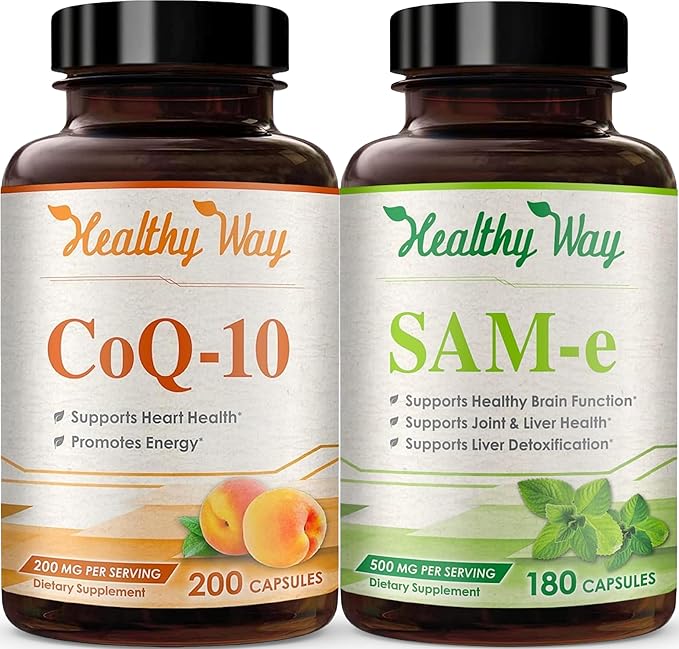 500mg SAM-e &amp Coenzyme Q10 200mg CoQ10 Supplement Bundle - Brain Mood Focus and Energy Support Bundle with CoQ10 and S-Adenosyl-L-Methionine Capsules