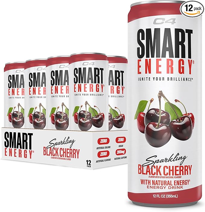 C4 Smart Energy Drink – Boost Focus and Energy with Zero Sugar Natural Energy and Nootropics - 200mg Caffeine - Black Cherry (12oz Pack of 12)
