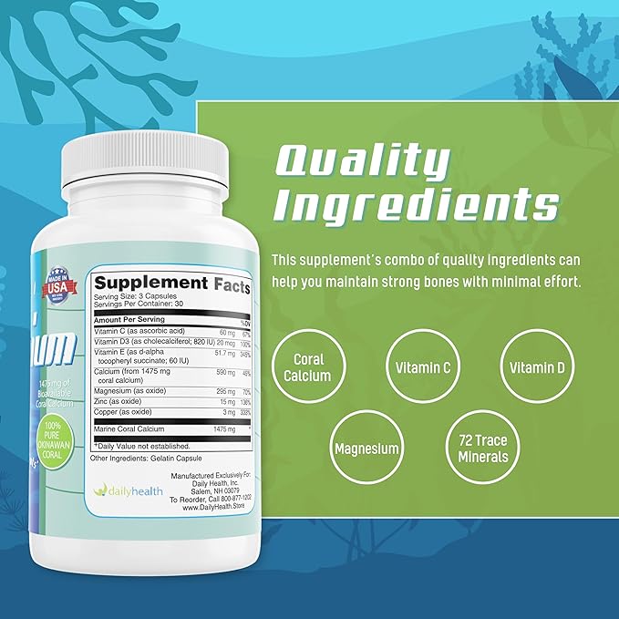 Daily Health Coral Calcium Pure Okinawa - Marine-Grade Supplement with 72 Trace Minerals - 1475mg 90 Vegetable Capsules (1 Month Supply)