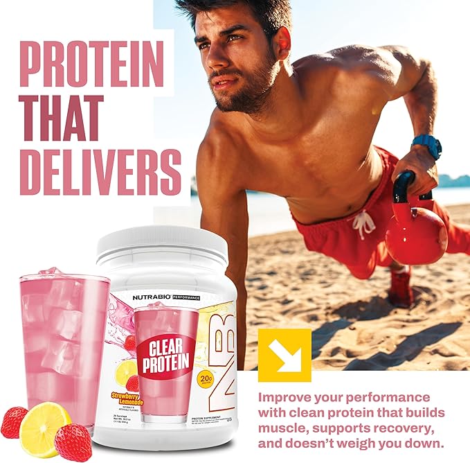 NutraBio Clear Protein Powder Strawberry Lemonade - 20 Servings 20g Clear Whey Protein Isolate 0 Sugar 0g Lactose Refreshing Fruit Flavors GLP1 Support -Bone Health -Muscle Post Workout Recovery