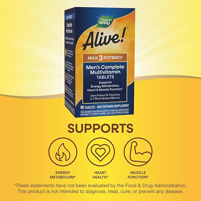 Nature's Way Alive! Men’s Max3 Potency Multivitamins Supports Energy Metabolism* Heart &amp Muscle Function* with Methylated B12 and Folate Gluten-Free 90 Tablets (Pack of 2)