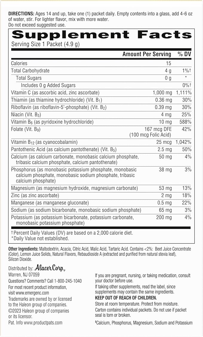 Emergen-C Zero Sugar 1000 mg Vitamin C Powder for Daily Immune Support Caffeine Free Vitamin C Supplements with Zinc and Manganese B Vitamins and Electrolytes Raspberry Lemonade Flavor - 36 Count