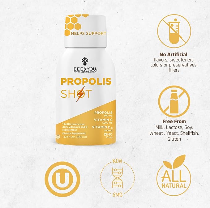 Bee and You Propolis Shot and Kids Shot Bundle Natural Propolis Shot Supplement Antioxidants Vitamin C VIT D3 Zinc Orange Juice Raw Honey 2 * 12 Bottles