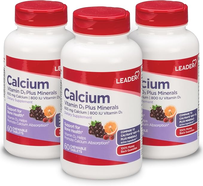 Leader Calcium Vitamin D3 Plus Minerals Bone Health Supplement with Magnesium &amp Zinc Supports Strong Bones &amp Teeth Enhanced Absorption Cherry Orange &amp Fruit Punch Flavor 60 Chewable