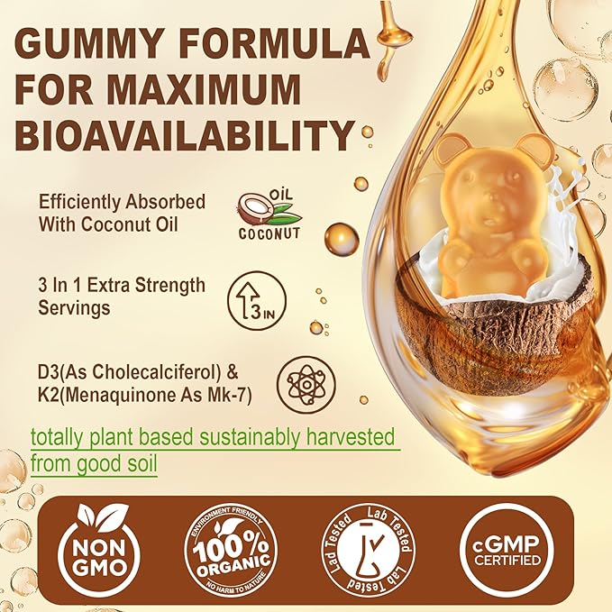 Vitamin D3 5000iu &amp K2( as MK7 ) 200mcg Gummies + 600mg Calcium with Coconut Oil for High Absorption Maximum Strength Vitamin D3 K2 Supplement - Support for Bones Muscle Teeth Immune Vegan 60 C