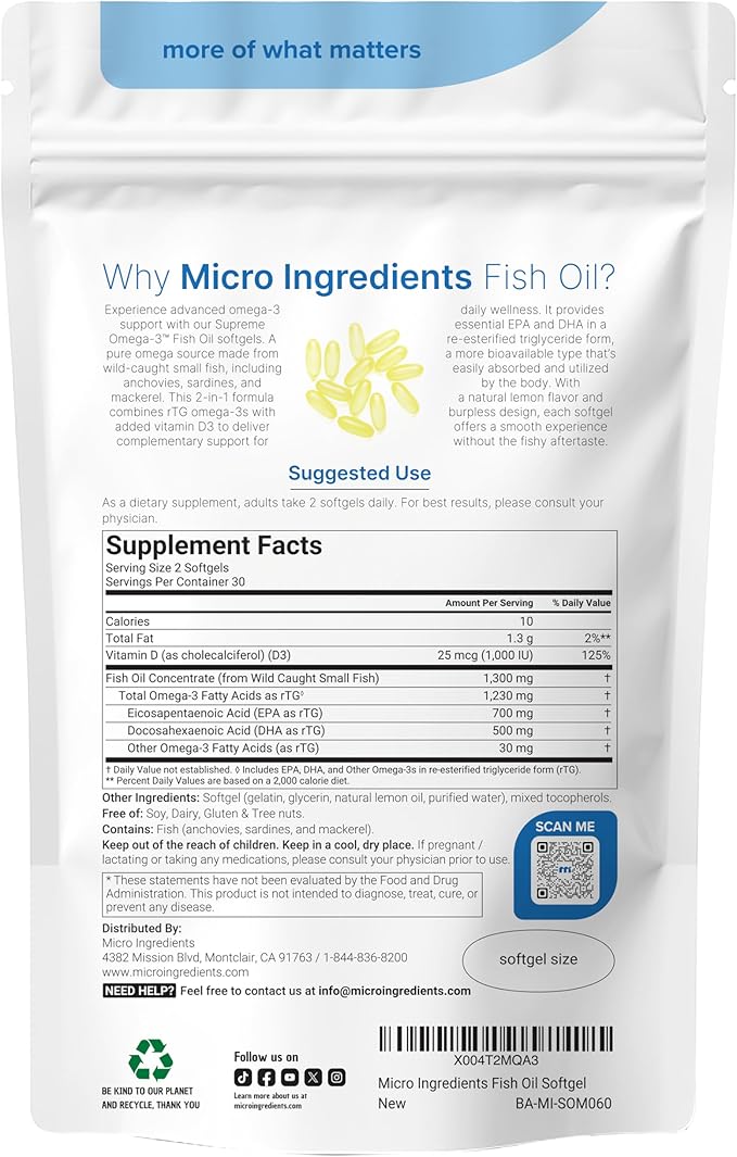 Micro Ingredients Supreme Omega-3 Fish Oil w/Ultra High EPA &amp DHA Burpless Softgels | rTG Omega-3 with Vitamin D3 | Wild-Caught Cold Deep-Sea Water | Lemon Flavor Easy to Swallow 60ct