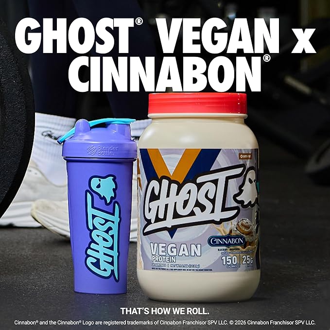 GHOST Vegan V2 Protein Powder Cinnabon - 2LB Tub 25G of Protein - Plant-Based Pea &amp Organic Pumpkin Blend Protein with Fiber &amp Iron ­- Flavored Post Workout Shakes - Soy &amp Gluten Free