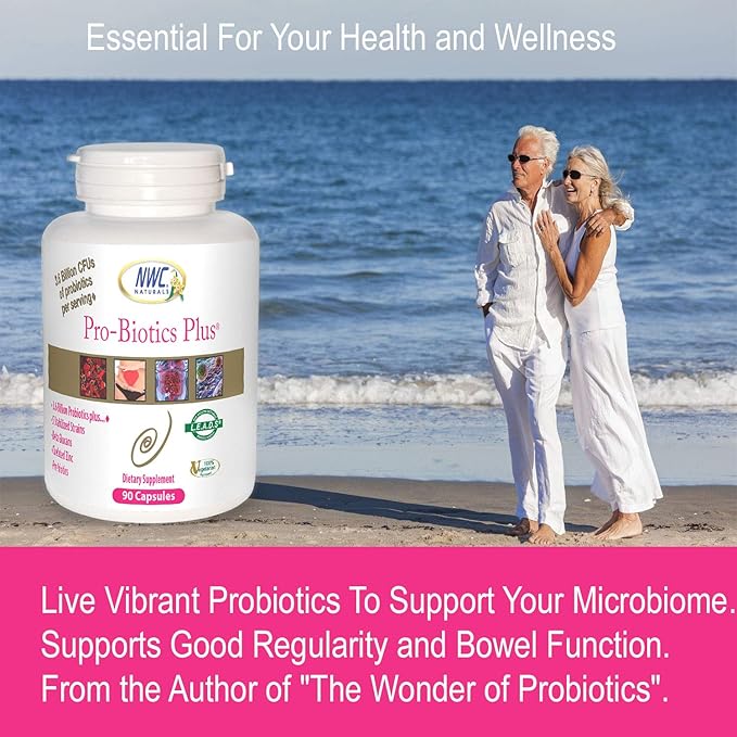 NWC Naturals Pro-Biotics Plus Natural Probiotics for Men Women and Kids Immune System Support Vegetarian Supplement Supports Good Digestive Health Probiotic and Prebiotic 90 Capsules