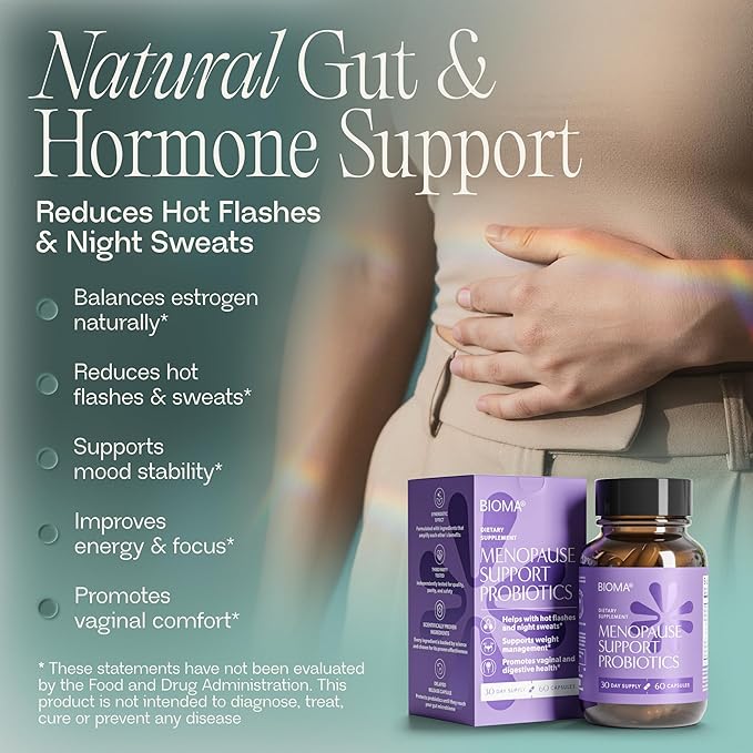 BIOMA Menopause Support Probiotics for Women - Hormone Free Hot Flash &amp Night Sweat Relief - Gut-Hormone Balance with Phytoestrogens BB536 Delayed Release (60 Capsules - 30 Day Supply)