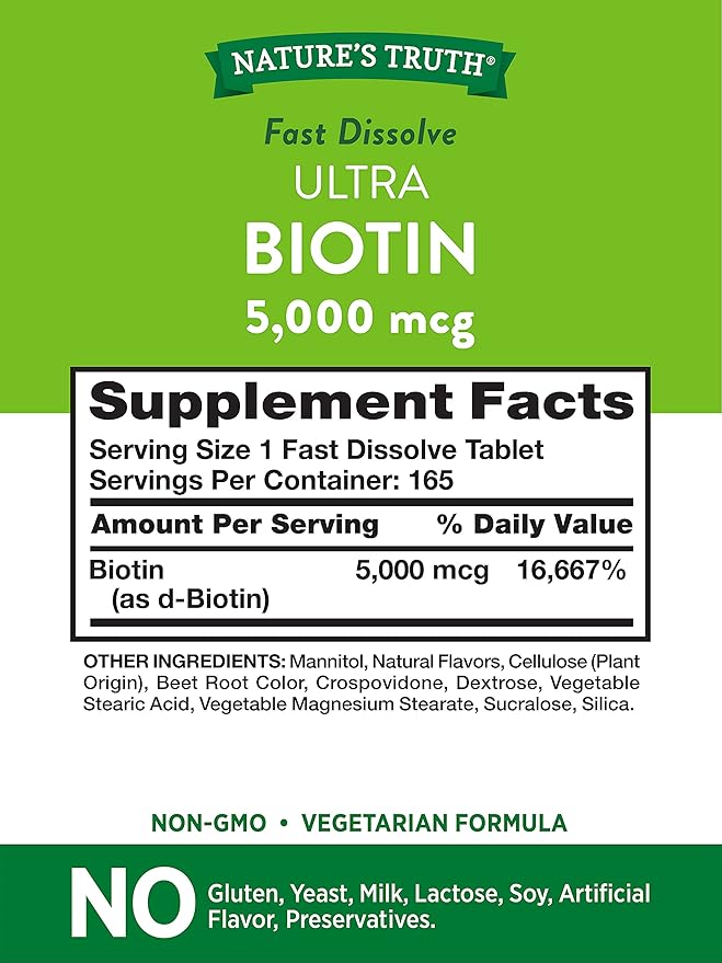 Ultra Biotin 5000mcg | 165 Fast Dissolve Tablets | Hair Skin and Nails Supplement | Natural Berry Flavor | Vegetarian Non-GMO Gluten Free | by Nature's Truth