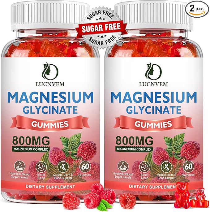 (2 Pack Sugar Free Magnesium Glycinate Gummies 500mg Magnesium Glycinate with 200mg Magnesium Malate Taurate Oxide COQ10 Vitamin B6 and D3 Sleep &amp Calm Support 120 Raspberry Gummies