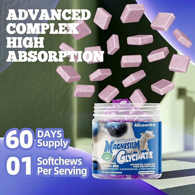 Magnesium Glycinate Soft Chews Blueberry Flavor.Chewable Sugar Free Potassium Magnesium Chews with Magnesium Glycinate Vitamin D B6 and CoQ10 for Calm Support &amp Sleep for Adults 60 Days Suppl