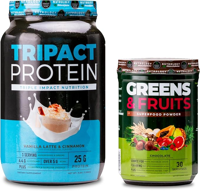 Nutrology TRIPACT Protein Powder 7-in-1 Meal Replacement Shake Vanilla Latte Cinnamon Flavor (40 Servings) Greens &amp Fruits Powder-Naturally Sourced Superfood Chocolate (30 Servings)