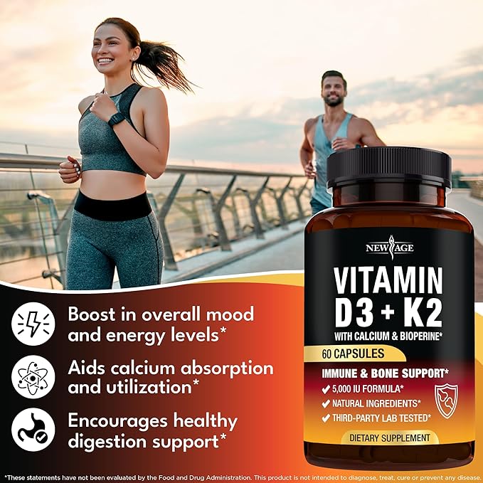 NEW AGE Vitamin D3 5000 IU + K2 MK-7 100 mcg - 2-in-1 Bone Immune &amp Heart Support Easy to Swallow Non-GMO - 180 Capsules