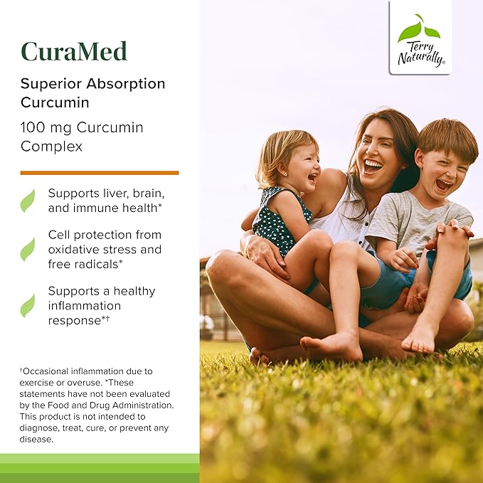 Terry Naturally CuraMed 100 mg Curcumin Complex - Enhanced Absorption Curcumin Supplement with Turmeric - Brain &amp Liver Health Support Supplement - Vegan Dietary Supplement - 60 Chewable Tablets
