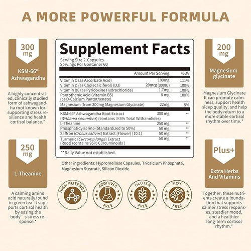 10-IN-1 Cortisol Supplements w/ KSM-66® Ashwagandha 300mg + L-Theanine 250mg Magnesium Glycinate Saffron Phosphatidylserine Turmeric &amp Vitamin C D3 B6 B5 For Women Men 120 Capsules 2 Pack