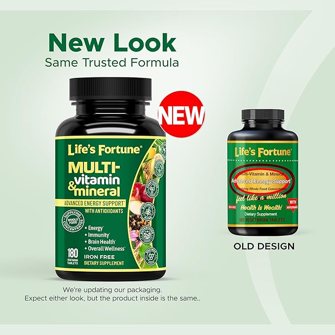 Life's Fortune Whole Food Multivitamin &amp Mineral Supplement for Men &amp Women – Energy Support Vitamins for Immune Brain &amp Metabolism Support – Iron Free 180 Vegetarian Tablets
