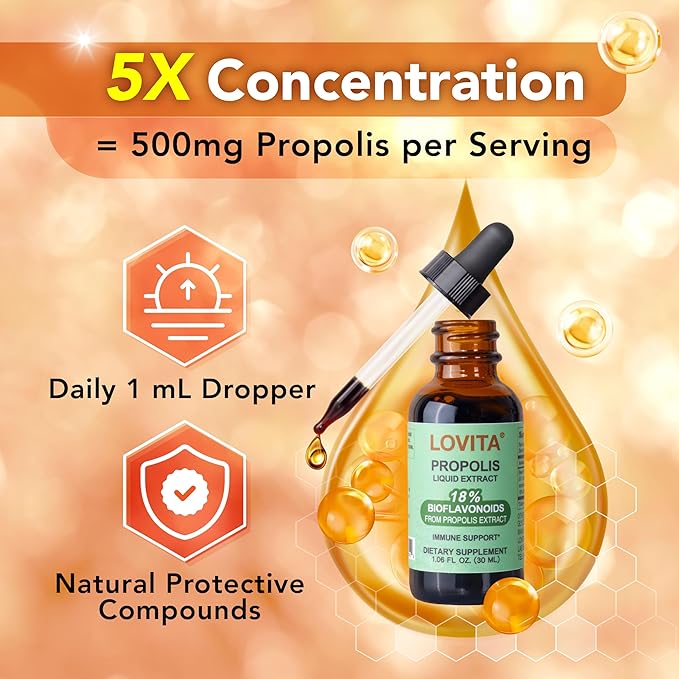 LOVITA Propolis &amp Immune Caps Bundle - 2 Liquid Drops &amp 1 Daily Defense 8-in-1 (60ct) Alcohol-Free Extract &amp Elderberry Blend (3 Pc Set)