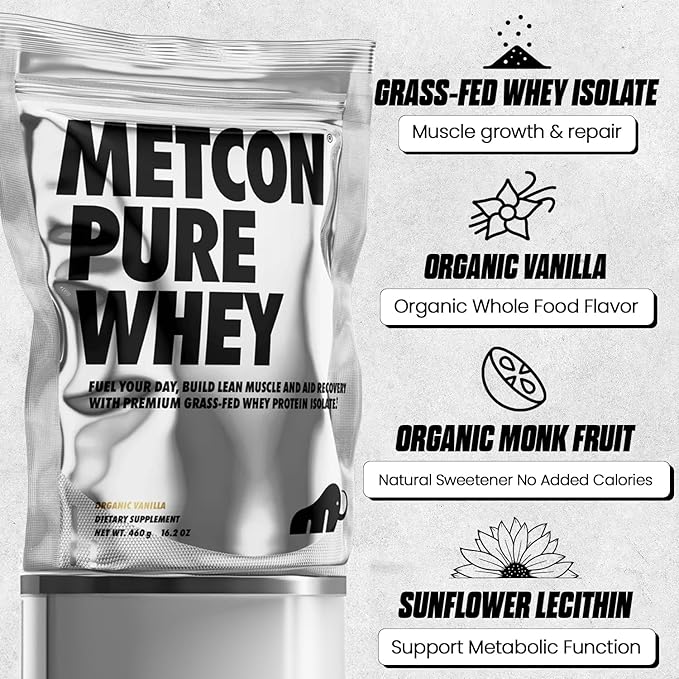 MetCon Whey Protein Isolate - Premium Grass-Fed Whey Protein Isolate Powder with 5 All-Natural Ingredients No Fillers Organic Vanilla Flavor (460g)