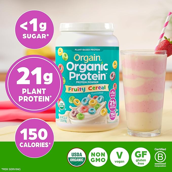 Orgain Organic Vegan Protein Powder Fruity Cereal - 21g Plant Based Protein 8g Prebiotic Fiber Low Net Carb No Lactose Ingredients No Added Sugar Non-GMO For Shakes &amp Smoothies 2.03 lb
