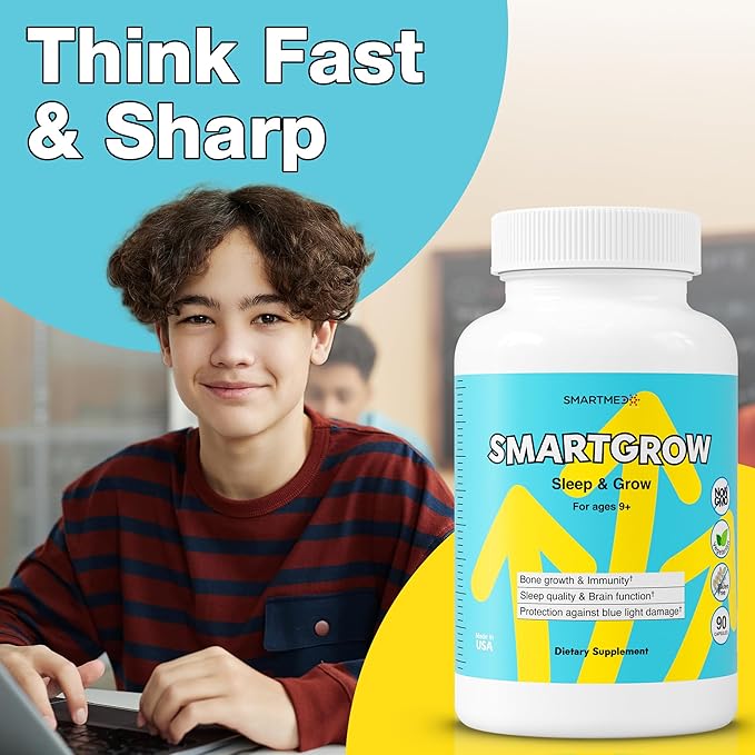 SMARTGROW Height Growth Supplement – Calcium Vitamin D3 L-Arginine – 5-in-1 Formula for Kids Teens Adults – Sleep Support Bone Strength Immunity Brain &amp Eye Health – 3 Month Supply